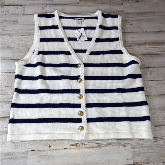J. Crew Factory Tops - J Crew Factory Cotton Blend Striped White and Navy Sleeveless Cardigan - Medium